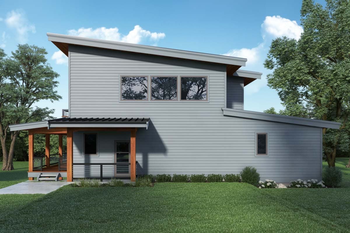 House plan exterior: Two-story modern design with a covered porch, sloped rooflines, and horizontal siding.