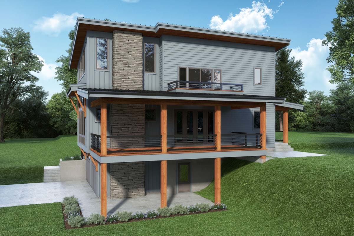 Modern house plan exterior with two stories, stone accents, a covered deck, and a sloping foundation.
