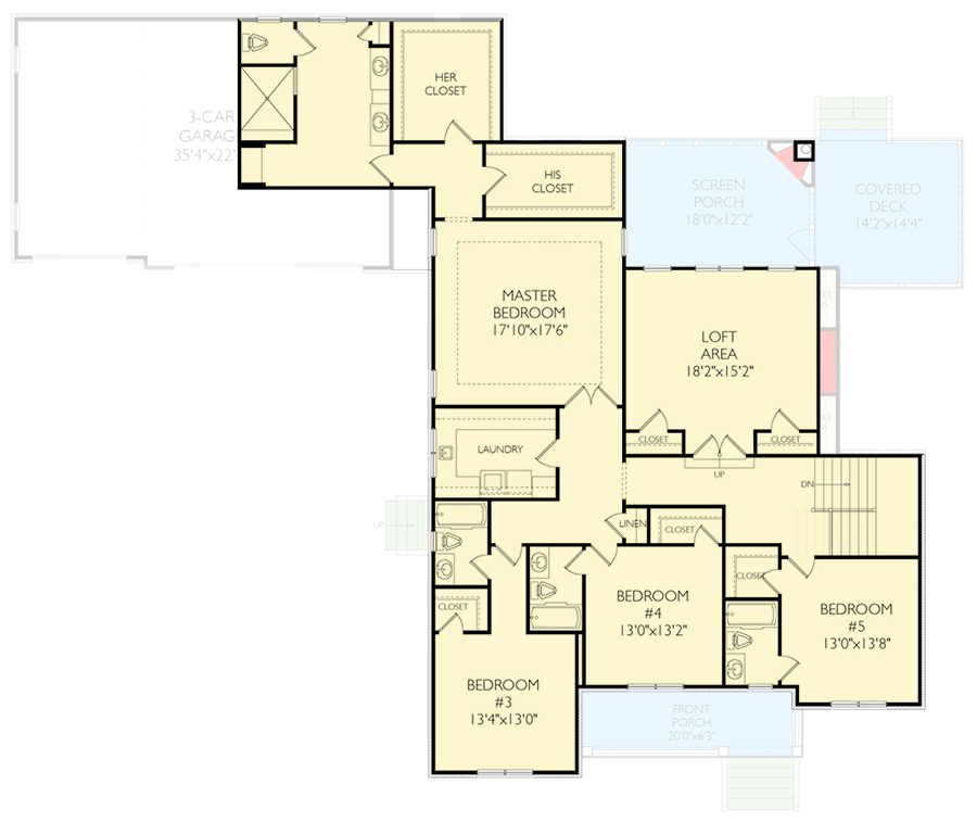 Plan 29925LDG: 5-Bed House Plan with 3-Car Garage - 4560 Sq Ft - Floor Plan - 2nd Floor - Traditional