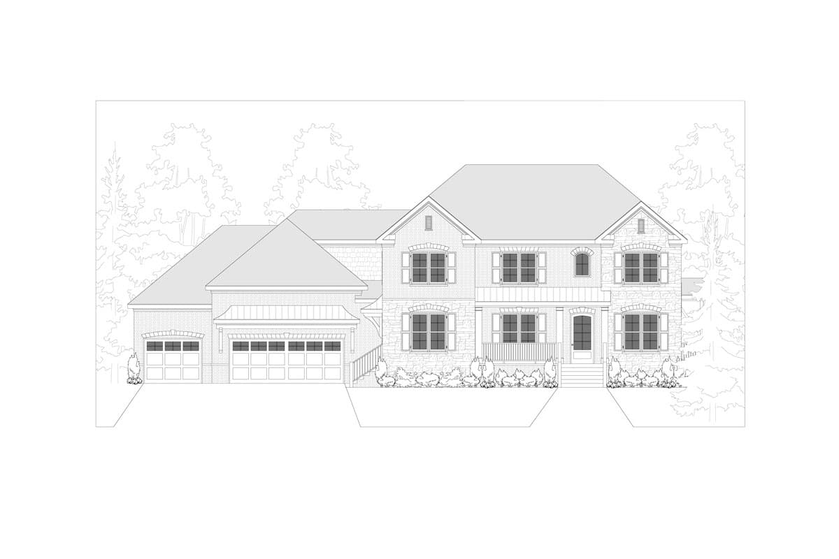 Two-story house plan exterior with a three-car side-entry garage, stone accents, and a covered front porch.