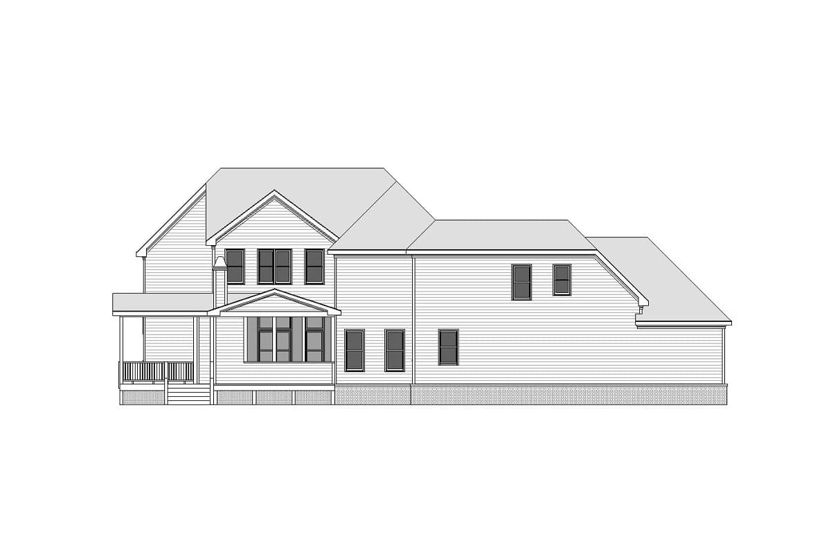 House plan exterior drawing, two stories, featuring a side-facing view with a covered front porch and multiple gables and rooflines.