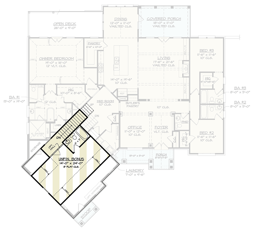 Plan 12326JL: 3-Bed Craftsman with Angled 2-Car Garage and Bonus - 2737 Sq Ft - Floor Plan - Bonus Level - Craftsman, Mountain