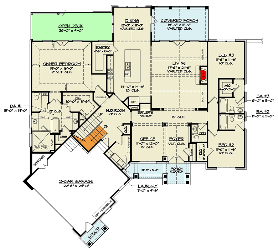 Plan 12326JL: 3-Bed Craftsman with Angled 2-Car Garage and Bonus - 2737 Sq Ft - Floor Plan - Main Level - Craftsman, Mountain