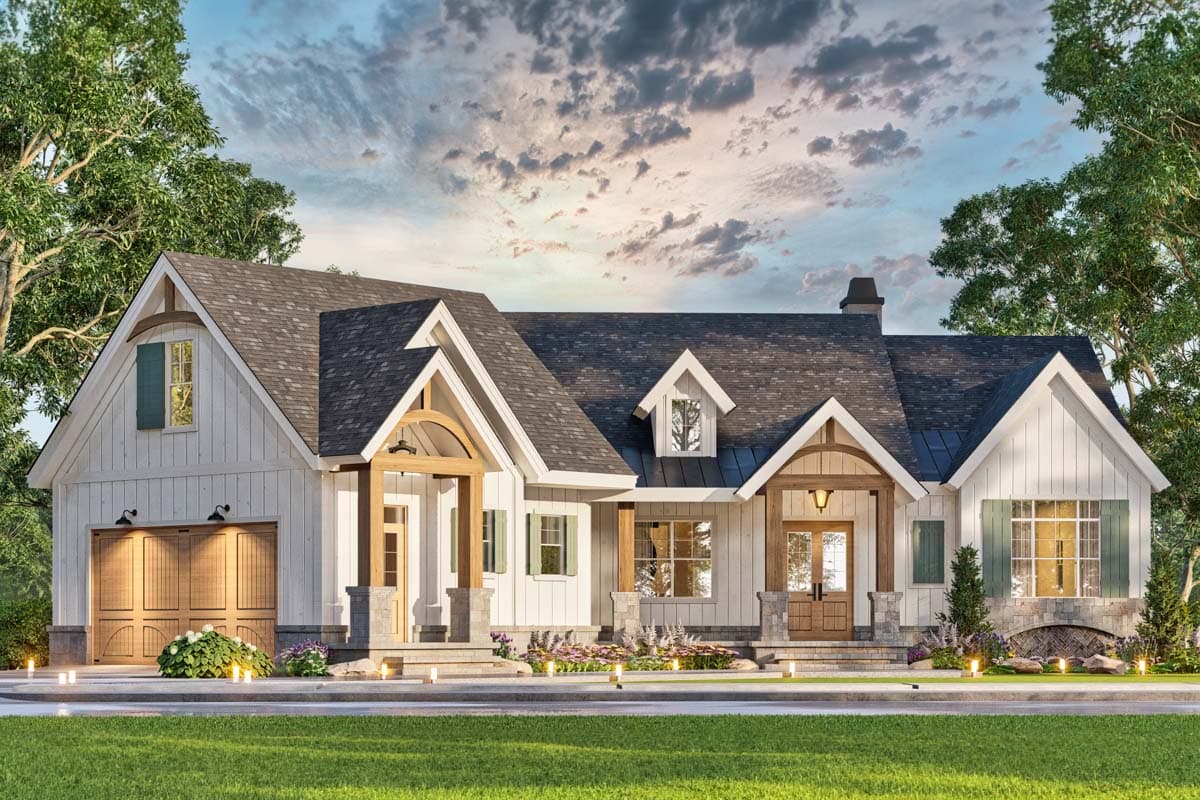 House plan exterior. Two-story Modern Farmhouse with gabled roof, arched entryway, dormers, and attached garage with wood doors.
