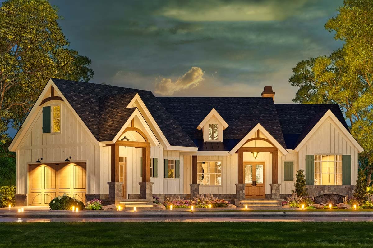 House plan exterior: Modern Farmhouse style, one-story with gabled dormer, covered entry with arched beams, and attached garage.