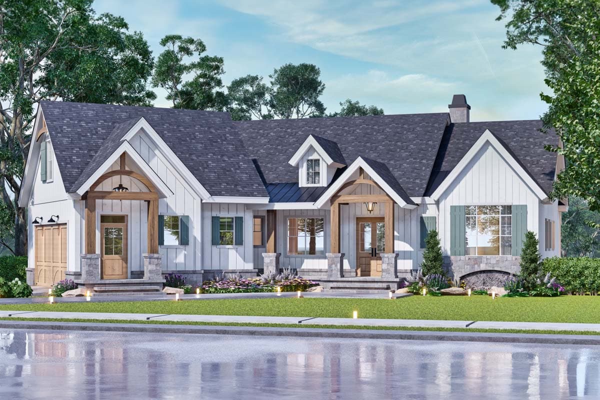 House plan exterior: Modern Farmhouse style, one-story with gabled dormer, two porches with wood beams, stone accents, and attached garage.