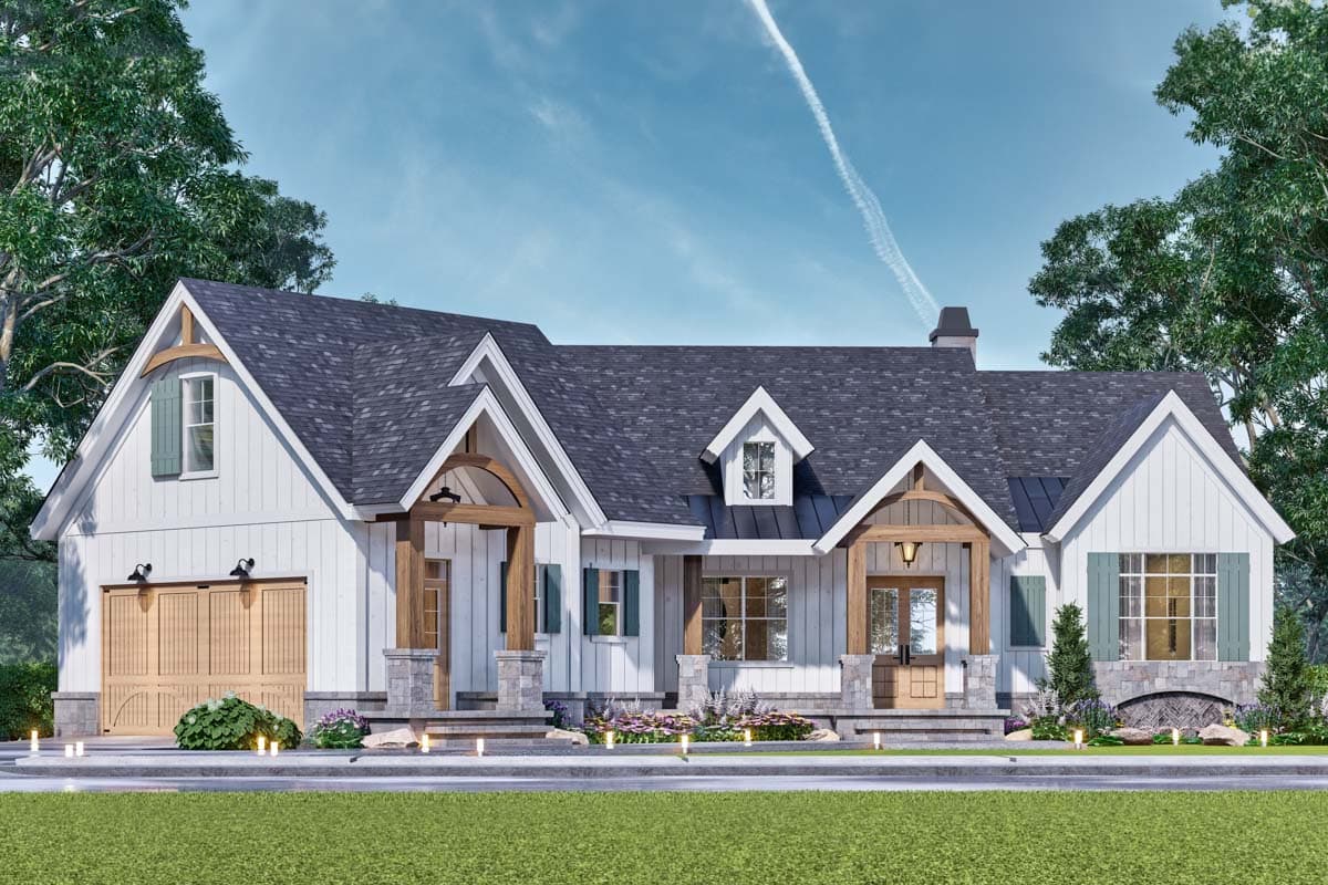 House plan exterior: Modern Farmhouse style, 1.5 stories, white board and batten siding, gabled dormer, stone accents, covered porches.