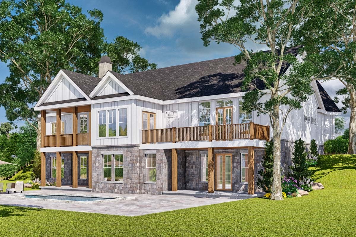House plan exterior: two-story modern farmhouse with stone base, white siding, multiple gables, and covered decks.
