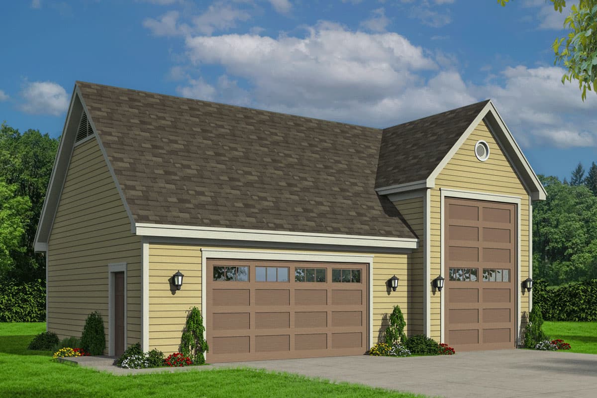 House plan exterior with two-car garage. Features include a gable roof, two overhead garage doors, and a small front door. Siding is horizontal.