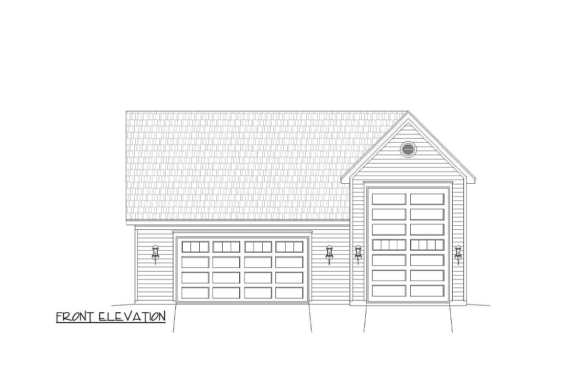 Front elevation drawing of a garage with two bays and a gable end with a circular vent.