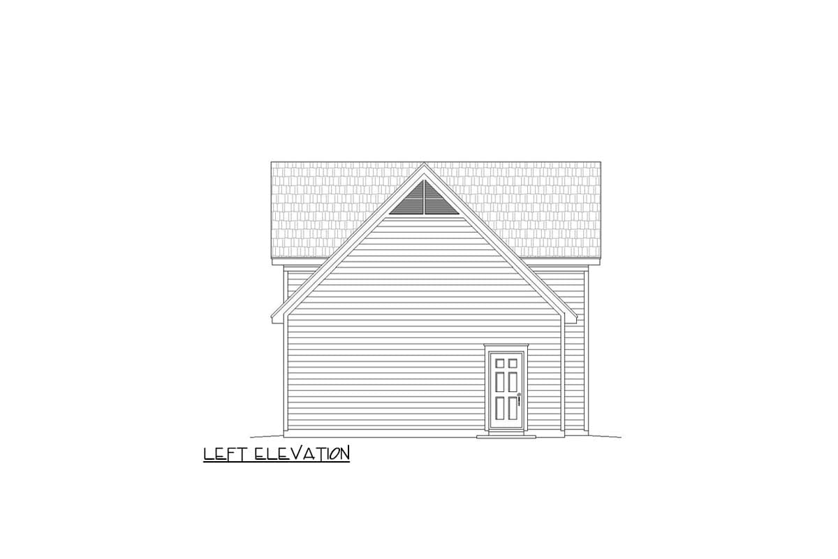 Left elevation of a house plan featuring a gable roof, siding, a gabled vent, and a double-door entrance.