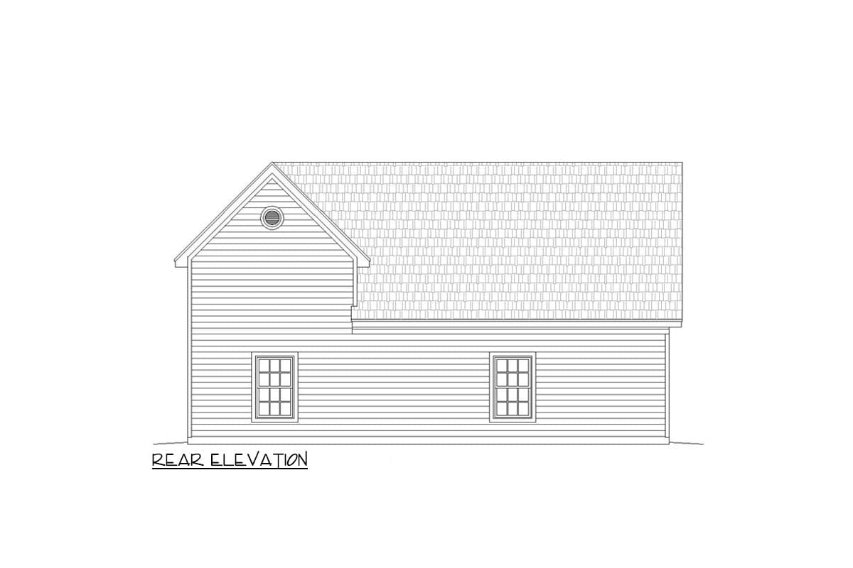 Rear elevation drawing showing horizontal siding, gable end with a circular vent, and two double-hung windows.