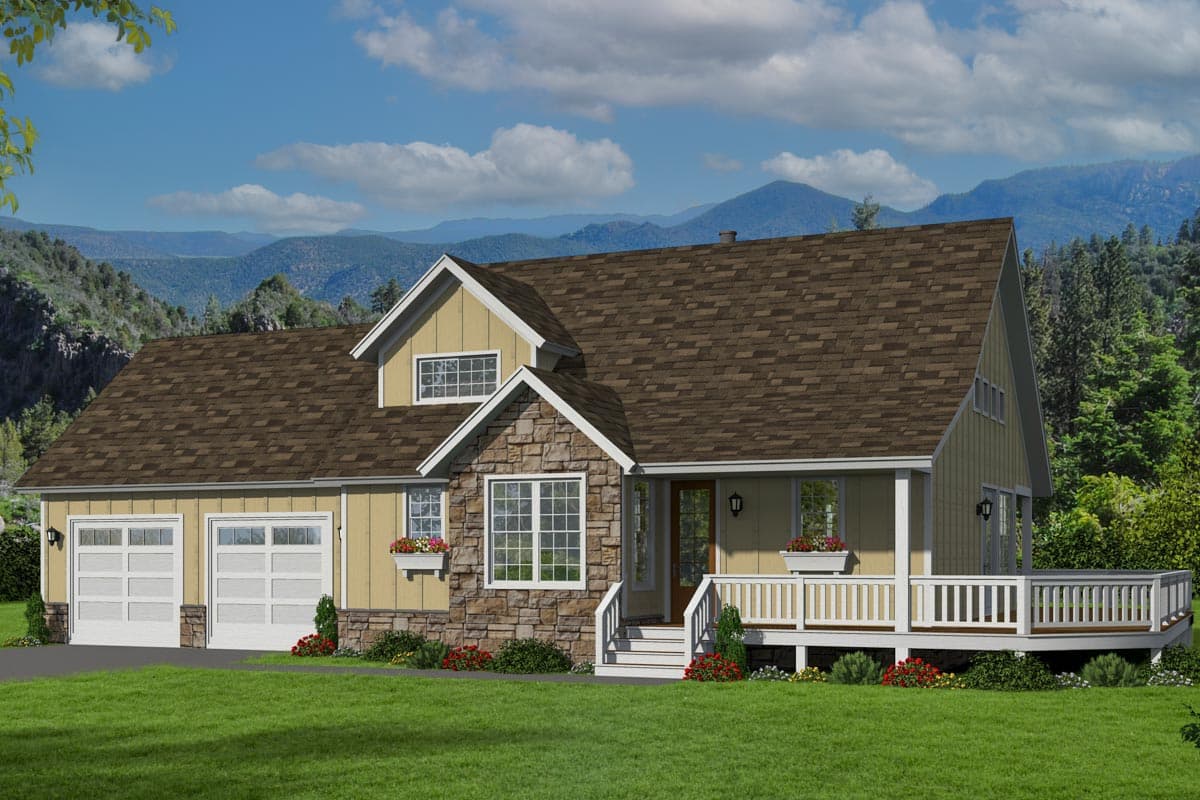 House plan exterior with stone accents, a gabled roof, and a front porch. Features a two-car garage and dormer window.