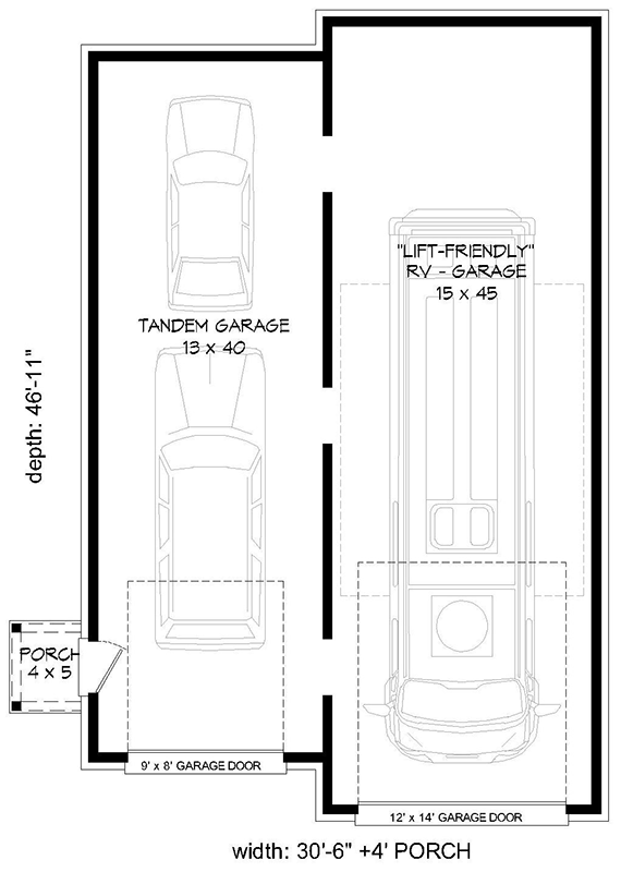 Plan 680262VR: Lift-Friendly RV Garage with Adjacent Tandem Bay - 1381 Sq Ft - Floor Plan - Main Level - European, Southern, Traditional