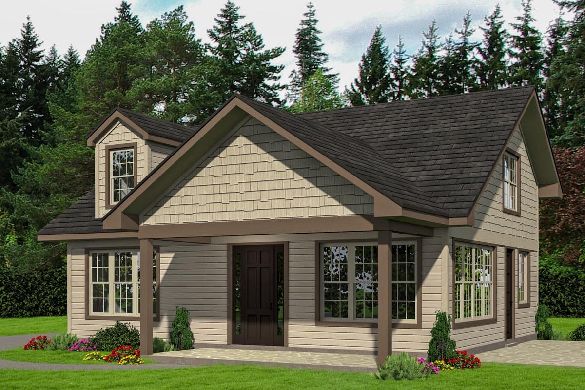 House plan exterior. Cottage style with one story, covered porch, dormer, and gabled roofline. Siding and shake shingles are visible.