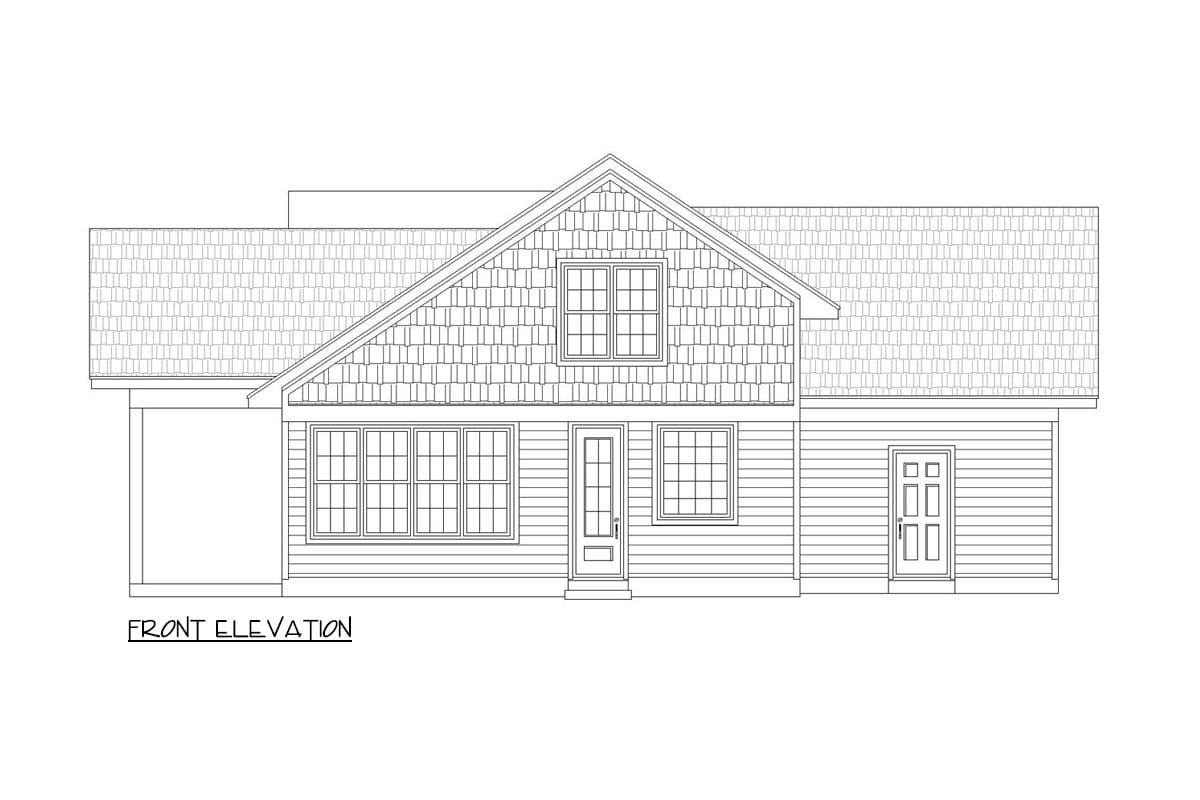 Front elevation drawing of a house plan with a prominent gable, dormer window, and shingle siding.