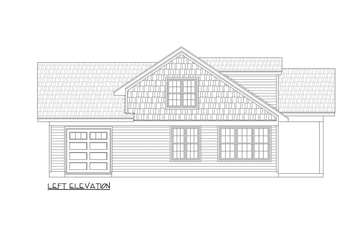 Left elevation house plan. Features a multi-section garage door, three windows, and a gable roof with decorative shingles.