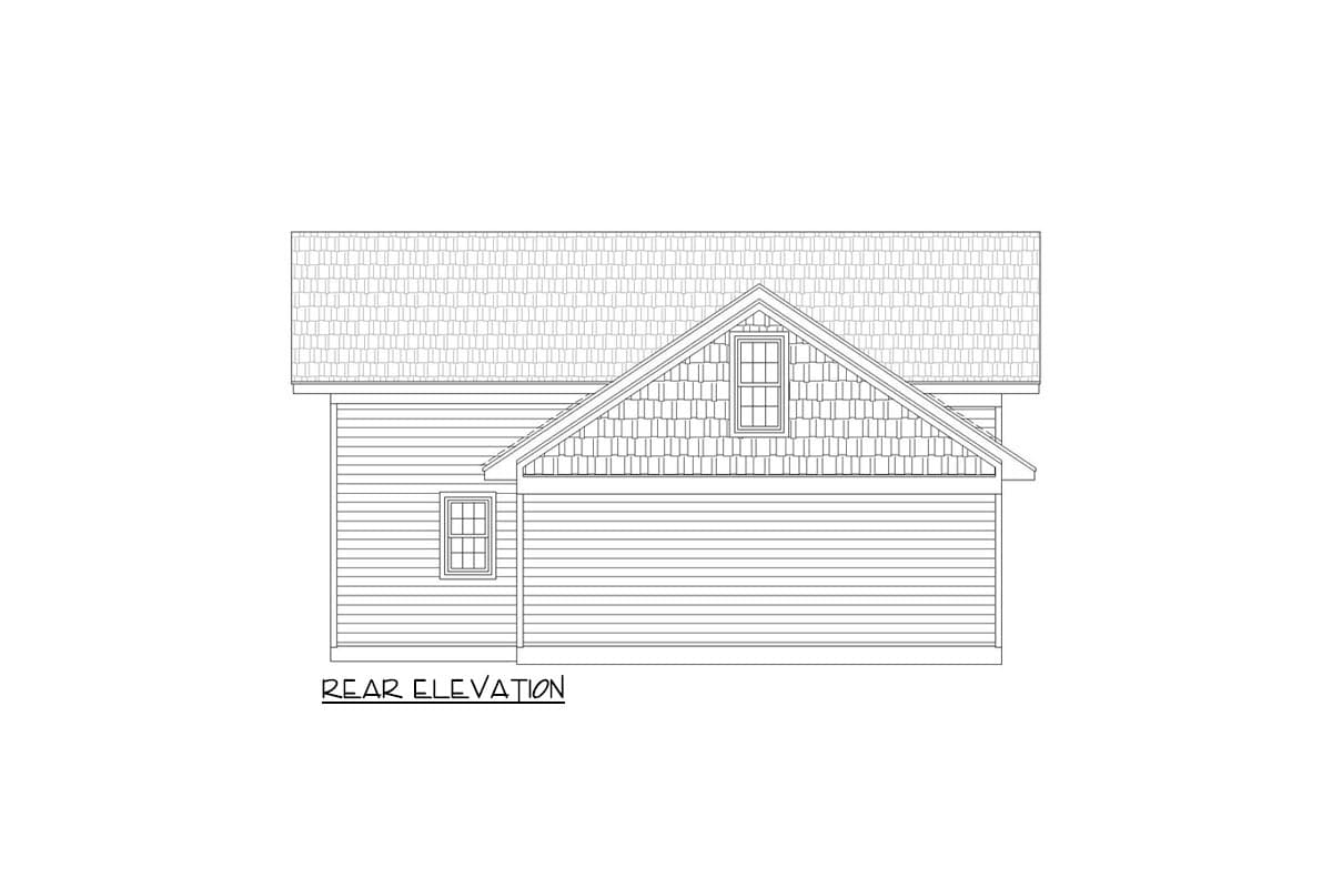 Rear elevation drawing of a house plan with horizontal siding, shingle siding accent, dormer window, and gabled roof.