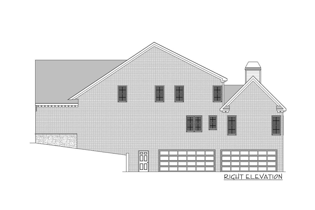 Right elevation house plan showing a two-story structure with multiple gables, a side-entry three-car garage, and a prominent chimney.