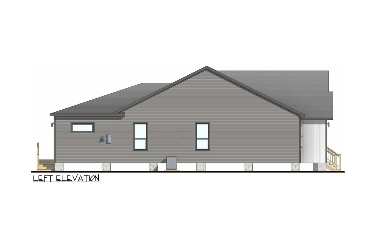 Left elevation drawing of a one-story house plan on piers, with horizontal siding, a gable roof, and a covered porch.