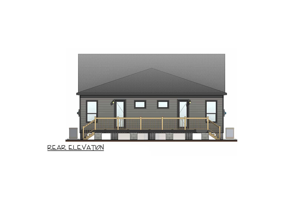 Rear elevation of a one-story house plan featuring a deck with railing, two front doors, and three windows.