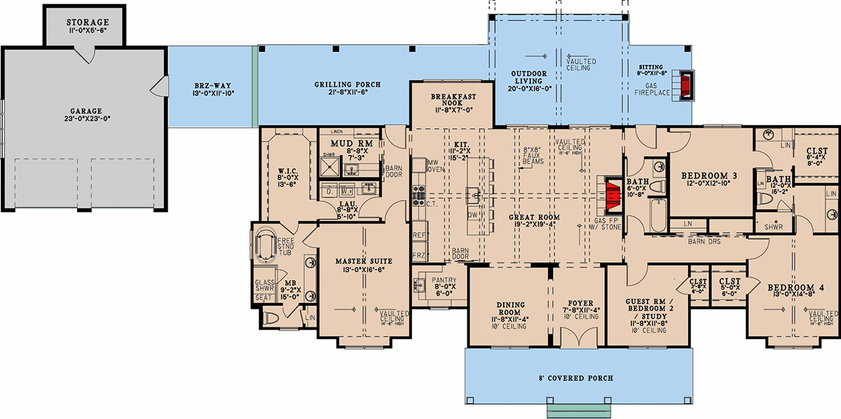 Plan 70876MK: Modern Farmhouse Plan with Breezeway-Attached 2-Car Garage - 2663 Sq Ft - Floor Plan - Main Level - Country, Farmhouse, Modern Farmhouse