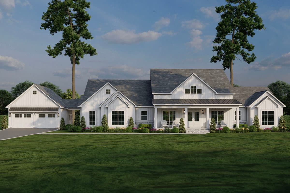 House plan exterior rendering of a two-story Modern Farmhouse with a front porch, gabled rooflines, and a side-entry garage.