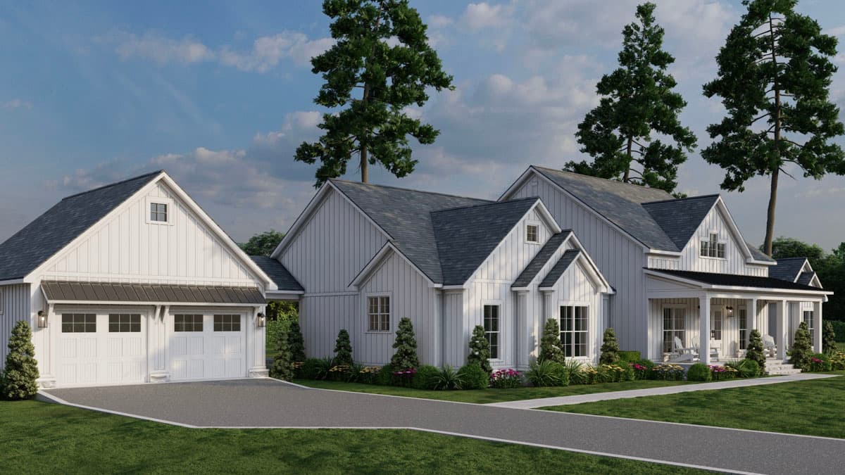 Modern Farmhouse house plan exterior with a two-car garage, prominent gables, and a covered front porch.