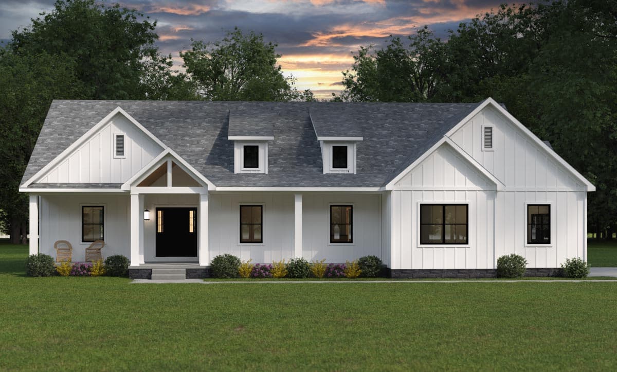 House plan exterior. Modern farmhouse style with two stories. Features a front porch, dormers, and gabled roofline.