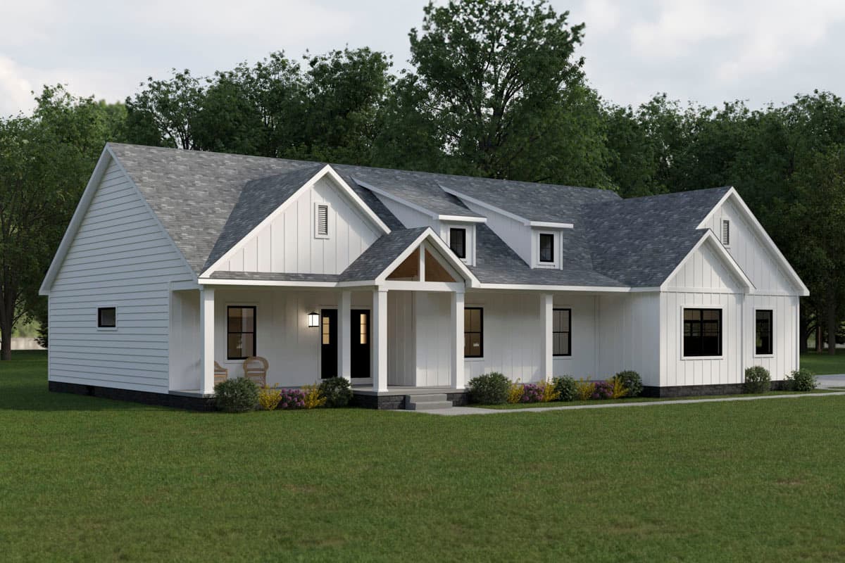 Modern Farmhouse house plan exterior with white board and batten siding, multiple gables, dormers, and a covered front porch.