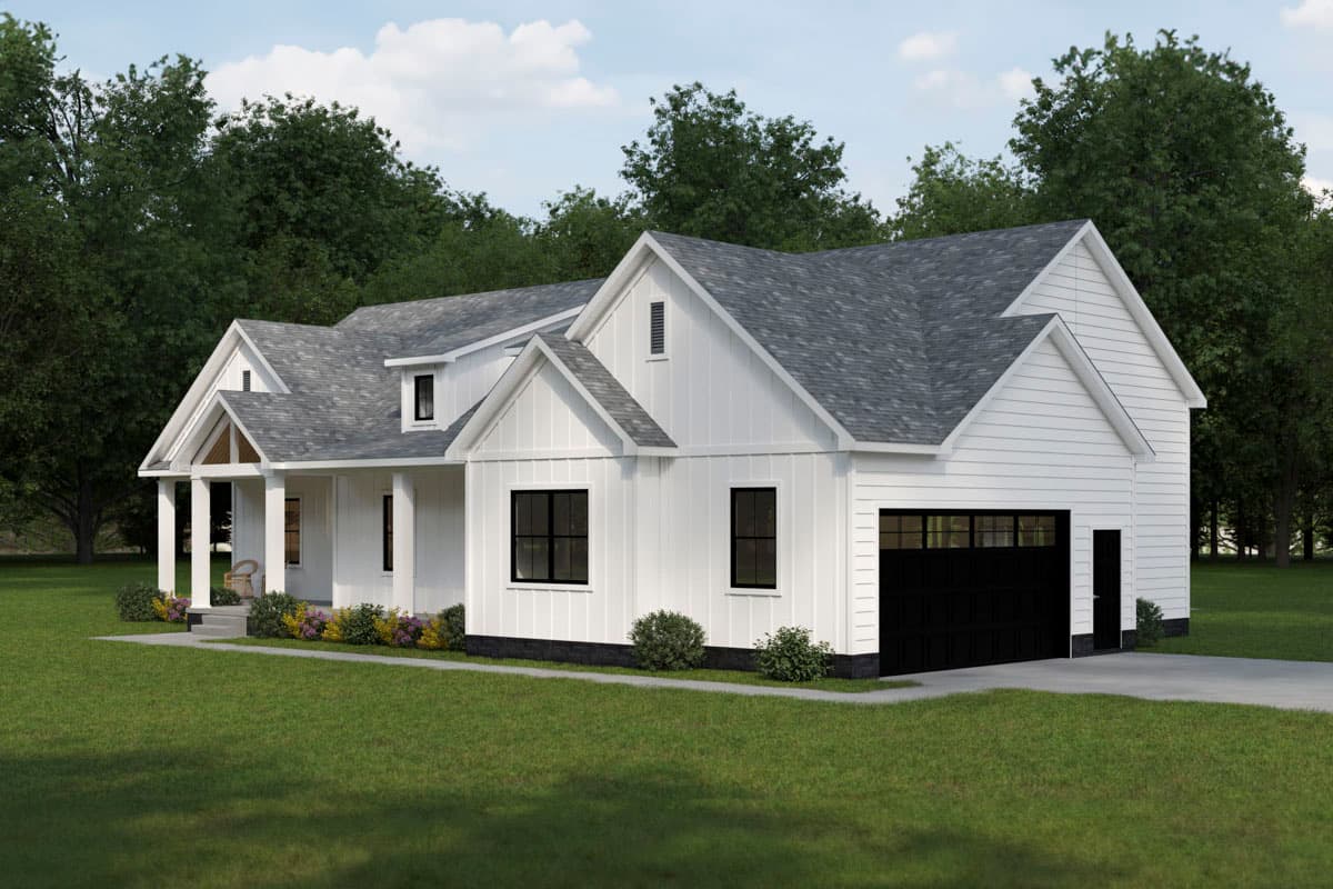 House plan exterior with Modern Farmhouse style, prominent gables, a covered porch with columns, and an attached garage.