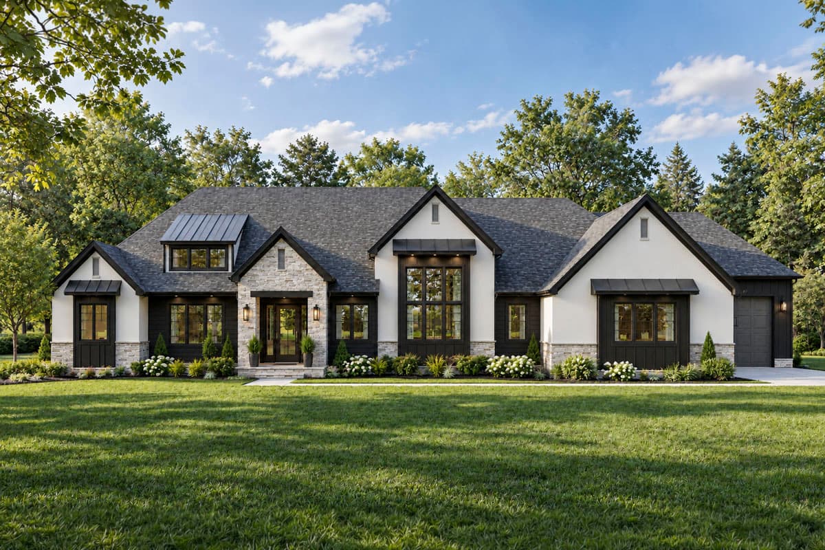 House plan exterior with Modern Farmhouse style. Features include multiple gables, stone accents, and a covered entry. Single story home.