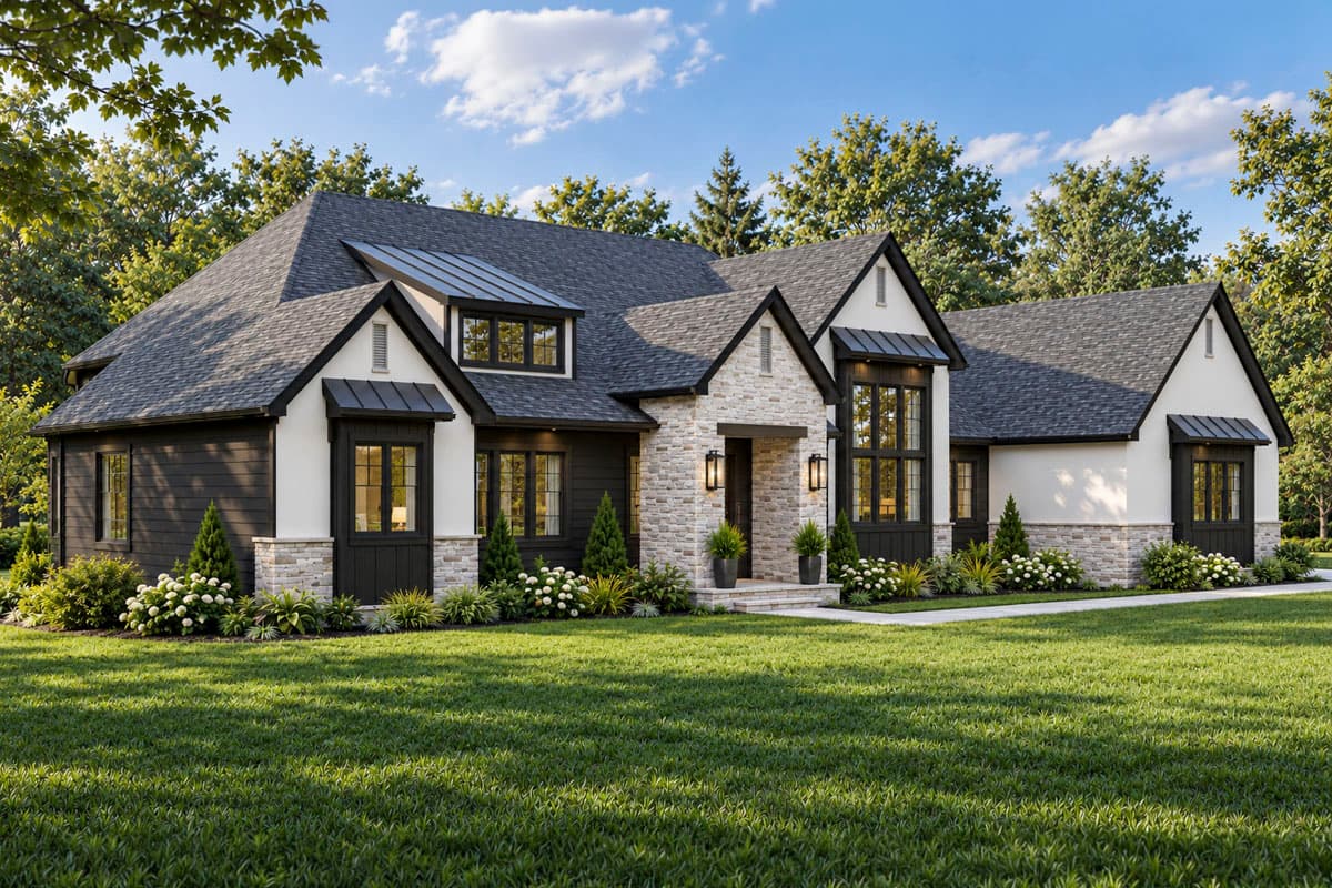 Modern house plan exterior with gabled roofs, stone and dark siding, multiple dormers, and metal awnings over windows.