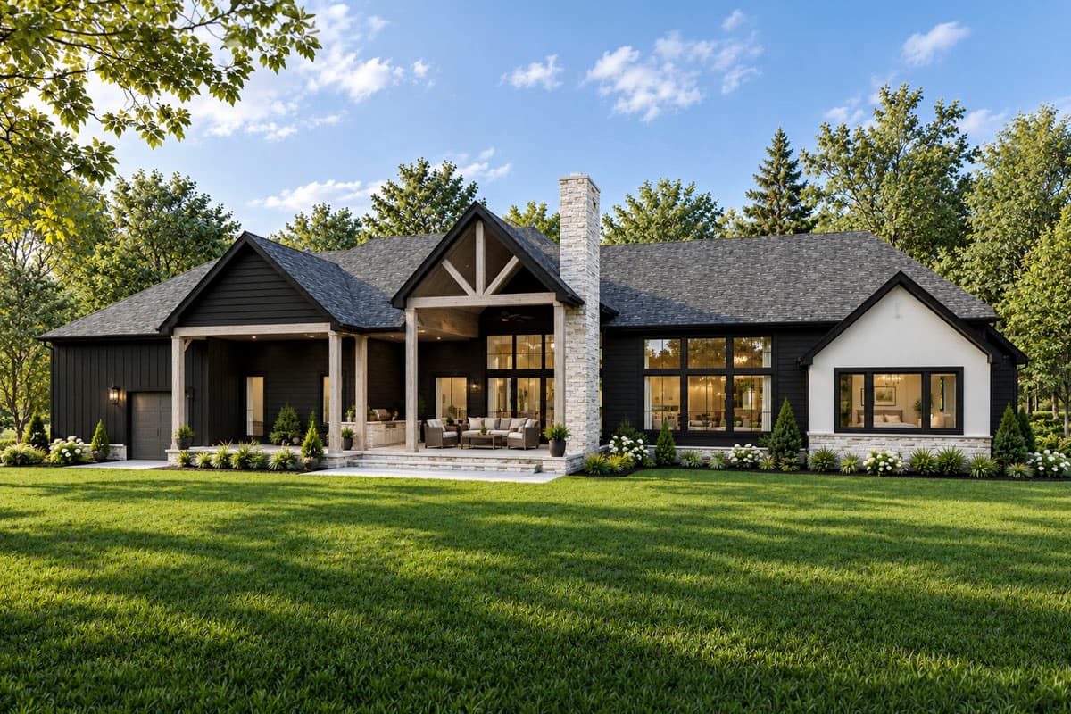 Modern house plan exterior with dark siding, large windows, covered porch, gable roofline, and stone chimney.