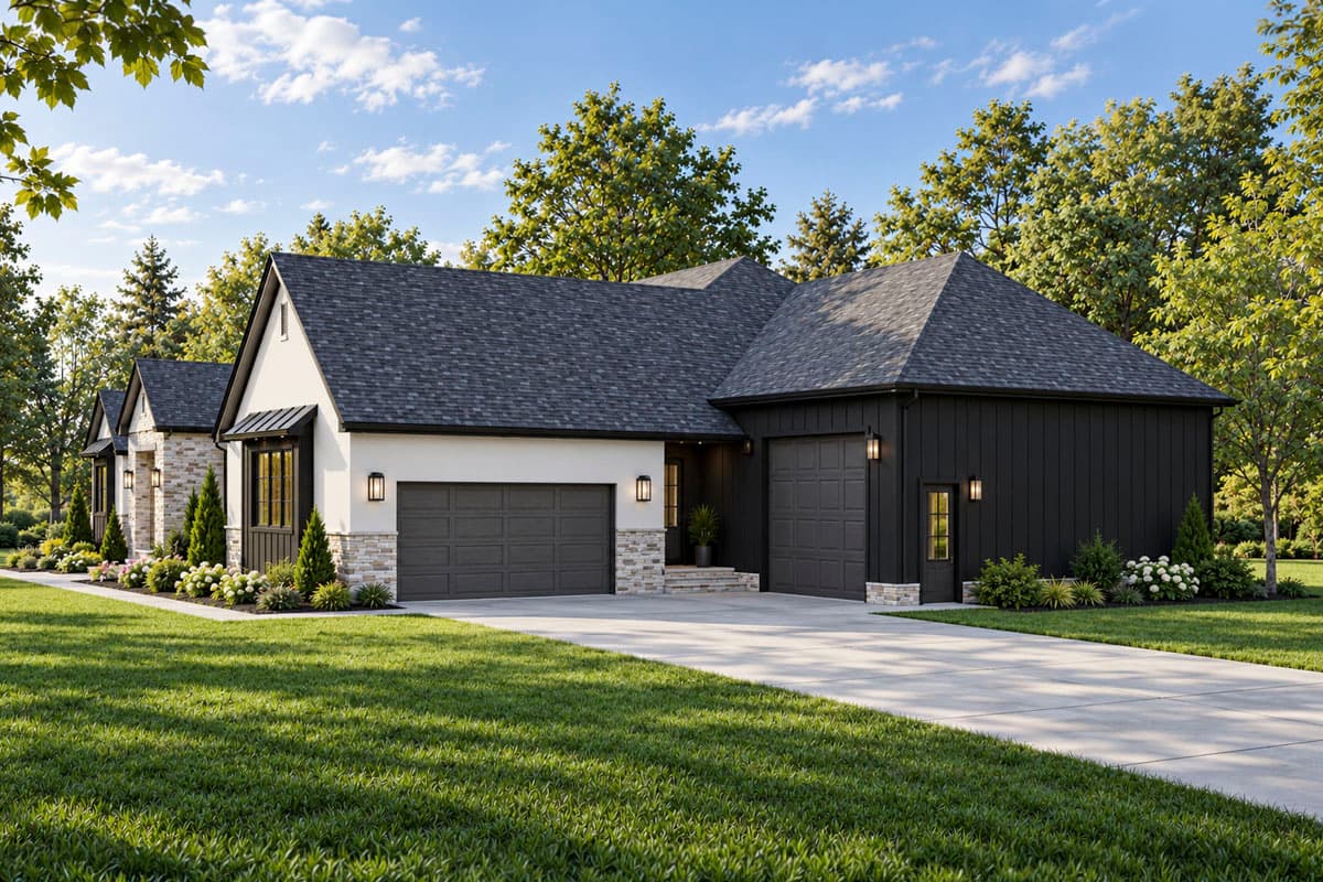 House plan exterior: Modern Farmhouse style, two-car garage, stone accents, gable dormers, and board-and-batten siding.