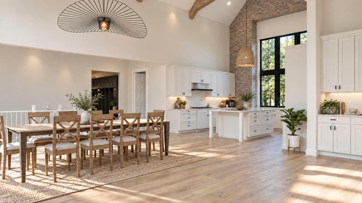 Open-concept great room with dining area, island kitchen, vaulted ceiling, exposed beams, and brick accent wall.