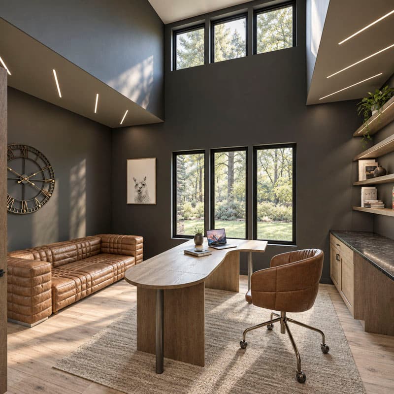 Modern home office with vaulted ceiling, a curved desk, leather sofa, and large windows overlooking trees.