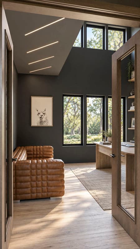 Interior view of a modern office with a leather sofa, large windows, and a sloped ceiling with linear lighting.