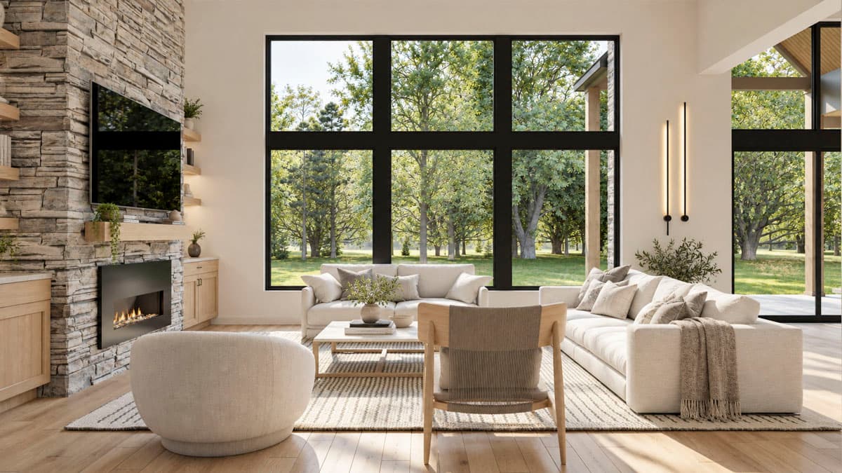 Living room with stone fireplace, large windows, and modern seating.