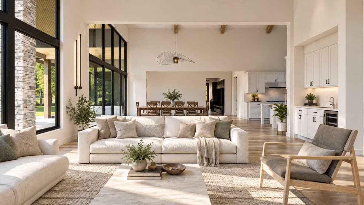 Open-concept living area with high ceilings, exposed beams, large windows, and connected dining and kitchen spaces.