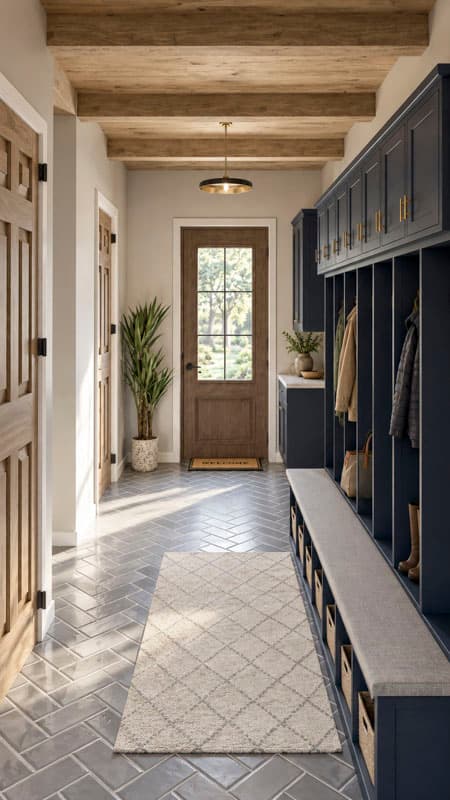 Interior view of entryway with beamed ceiling, built-in navy lockers, bench, and wood door.