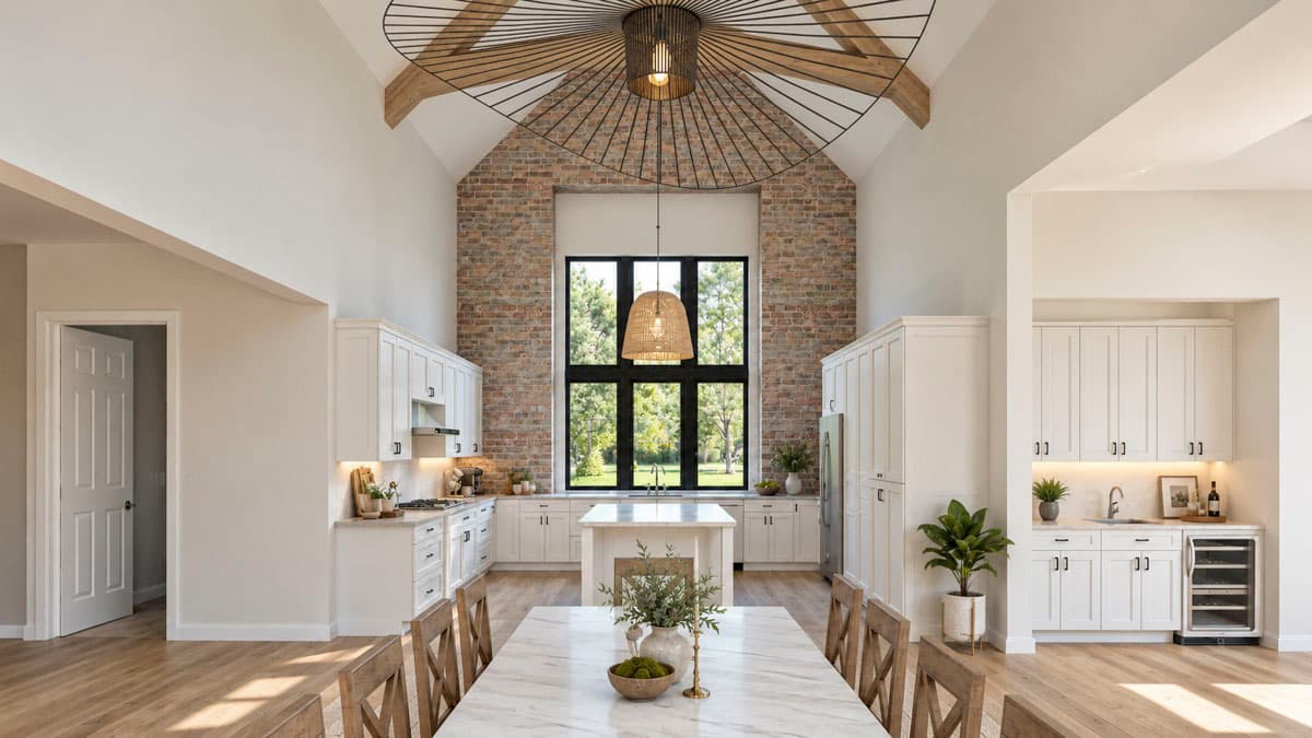 Interior view of a vaulted ceiling kitchen with brick accent wall, large windows, island, and white cabinetry.