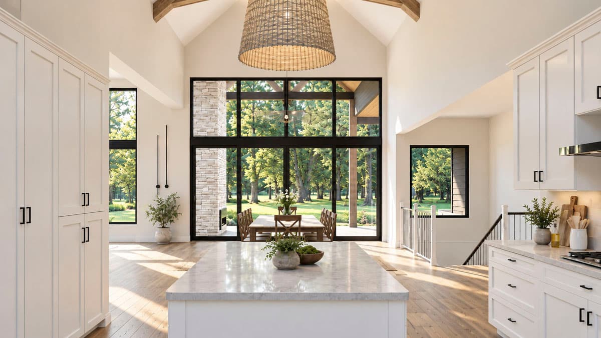 Open concept living area with vaulted ceilings, a stone fireplace, large windows, and a kitchen island.
