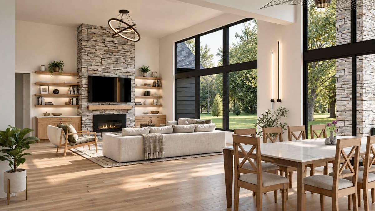 Interior rendering of a living and dining area with a stone fireplace, large windows, and wood flooring.