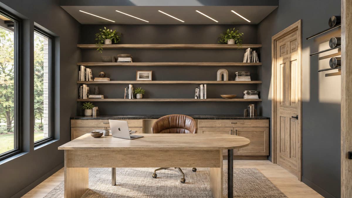 Office interior with a wooden desk, leather chair, built-in shelves filled with books and decor, and a wooden door.