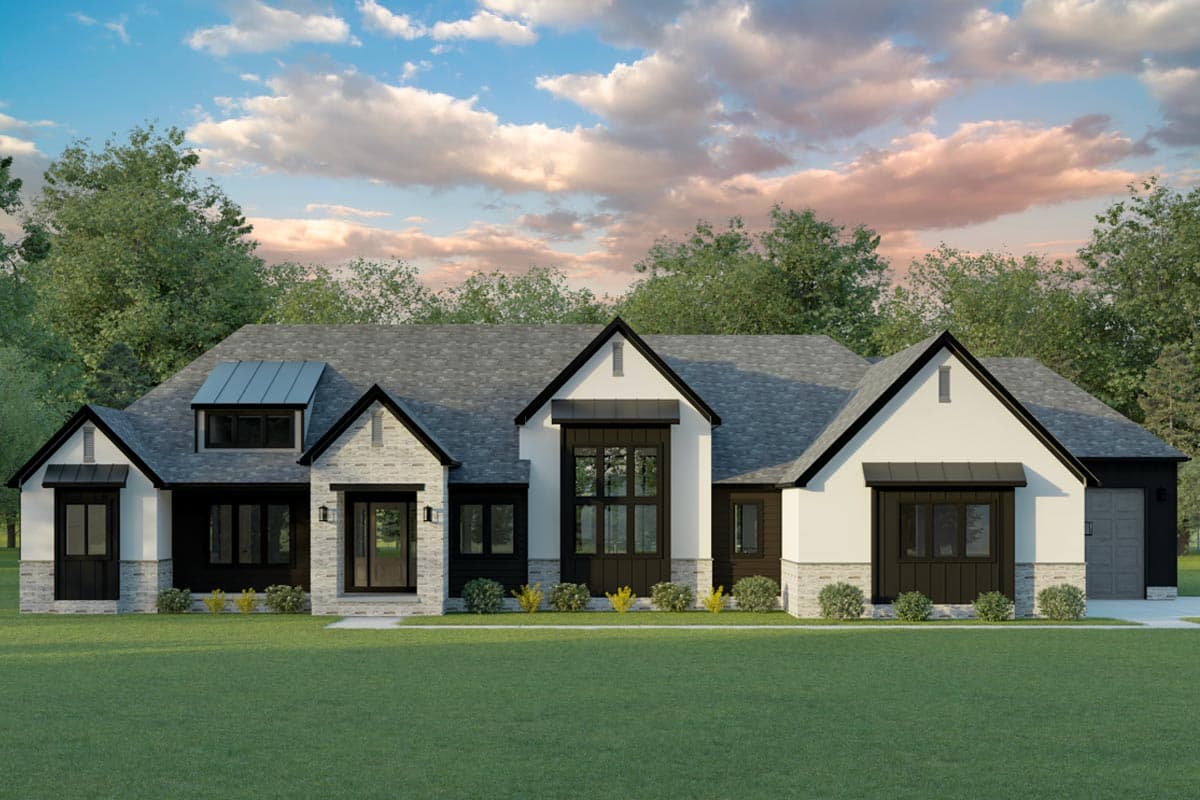 House plan exterior with Modern Farmhouse style. Features include multiple gables, stone accents, and a covered entry. Single story home.