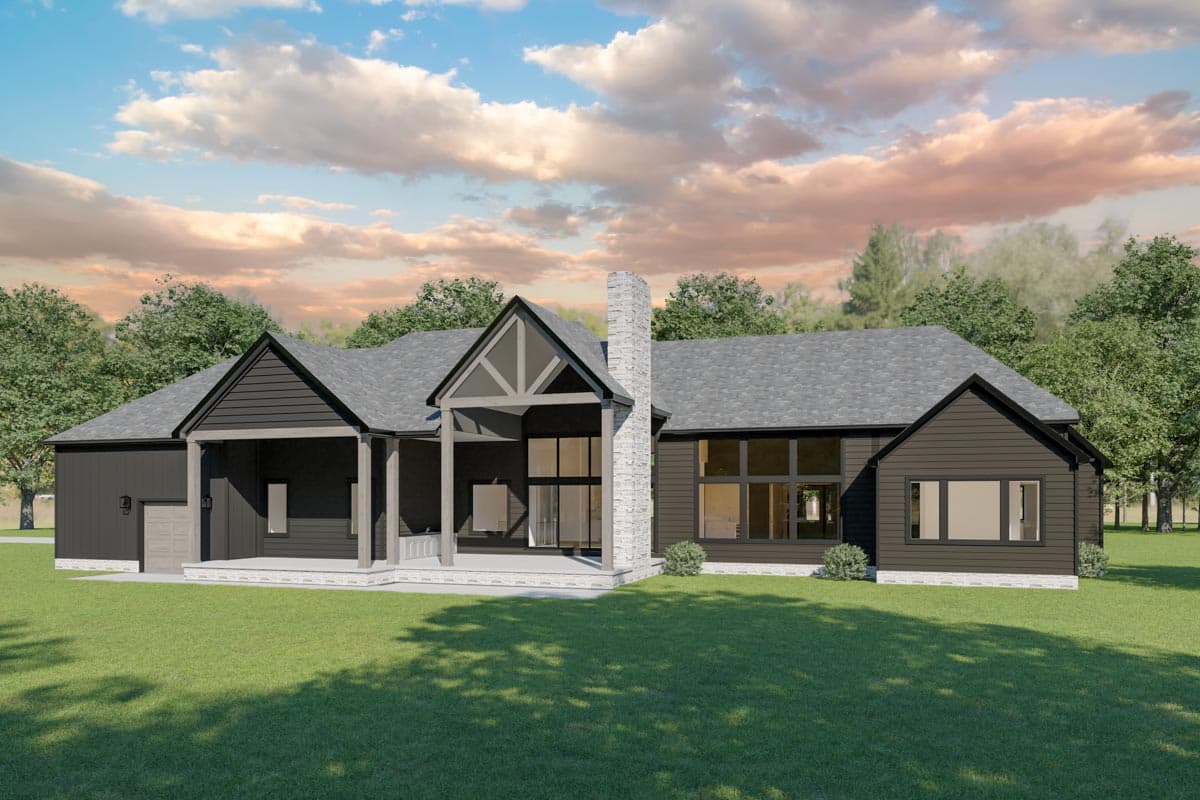 Modern house plan exterior with dark siding, large windows, covered porch, gable roofline, and stone chimney.