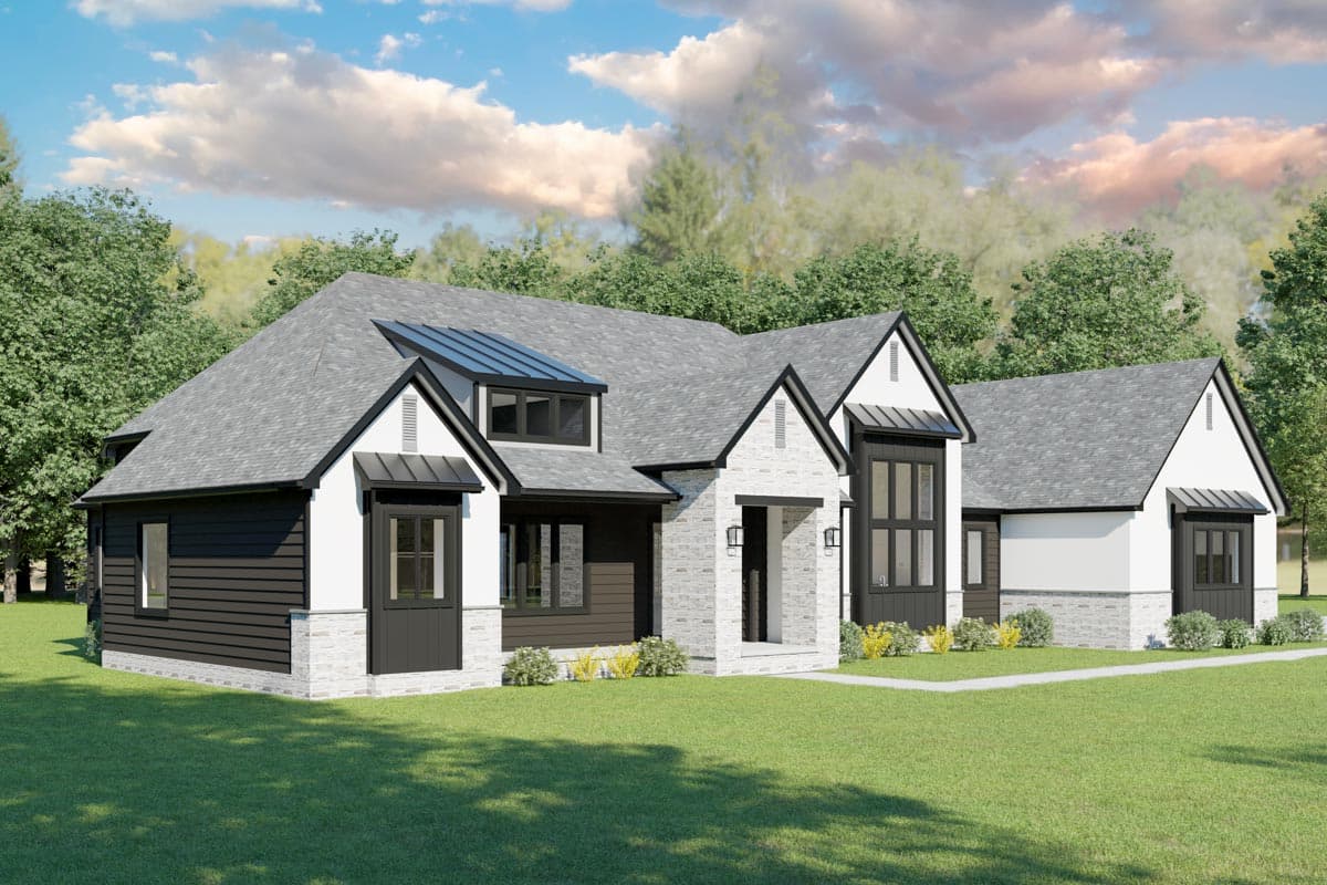 Modern house plan exterior with gabled roofs, stone and dark siding, multiple dormers, and metal awnings over windows.