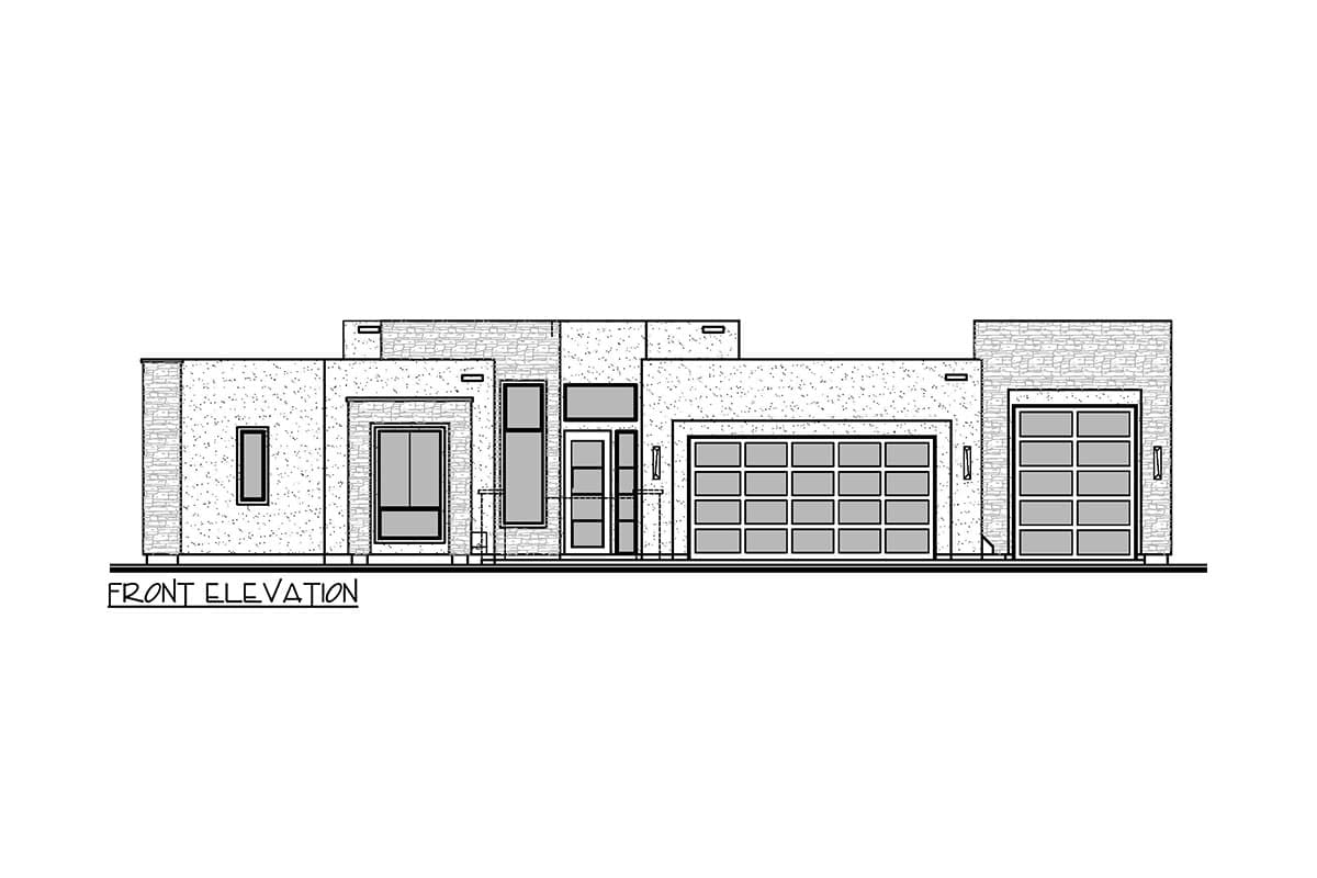 Front elevation drawing of a single-story modern house with two garage doors and varied stone and stucco textures.