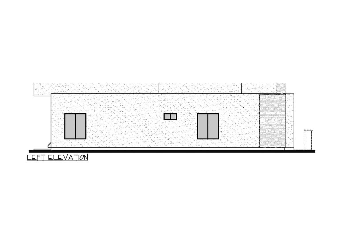 Left elevation drawing of a modern, single-story house plan with a flat roof, two windows, and a stone accent feature.